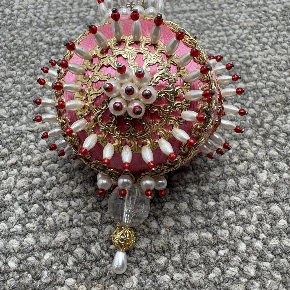 VTG Christmas Ornament PINK Beaded Pins Lace MCM Shiny Round Ball 4.5